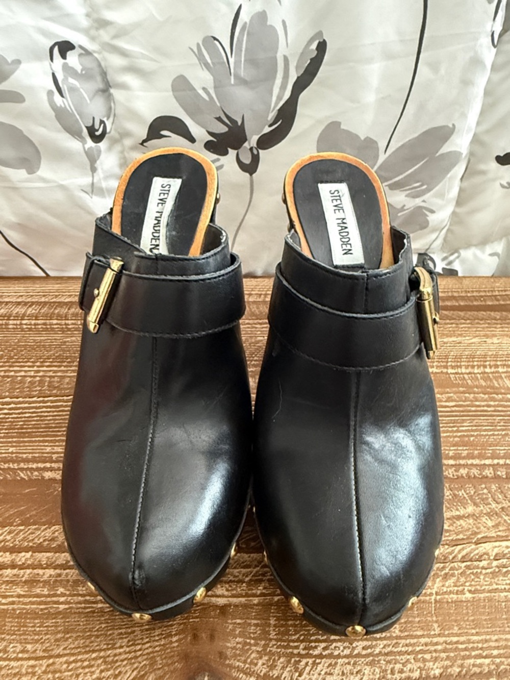 Steve Madden Black Leather Mule Clogs with Gold Buckle